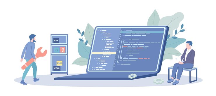 Vector programming software developer team working with programming code on laptop backend development co