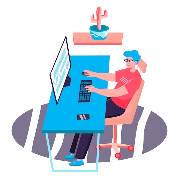 Vector programming and software development concept. man comes up with and writes program code at computer, programmer at office character scene. vector illustration in flat design with people activities