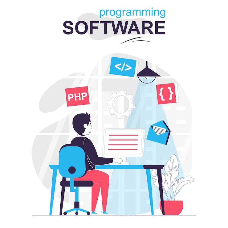Vector programming software isolated cartoon concept developer programs in php language