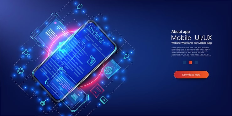 Vector programming testing cross platform code on smartphone web design software mobile app download landing or software development coding process concept vector illustration