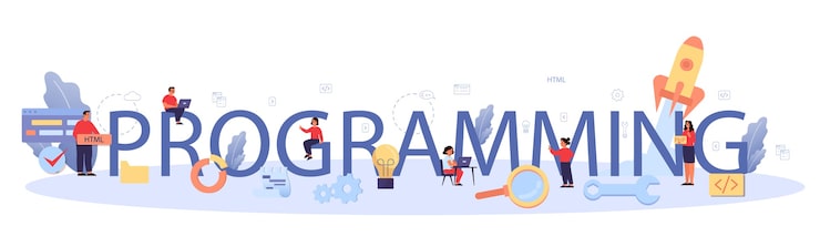 Vector programming typographic header. student write software and create code for computer. coding script for project and app. digital technology for website, interface and devices. .