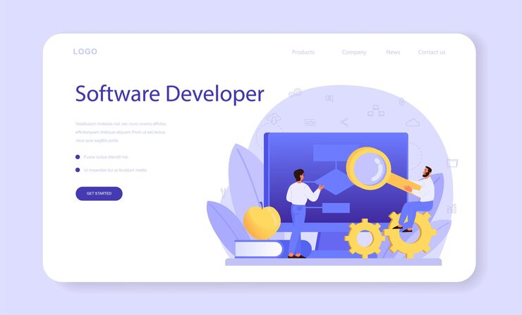 Vector programming web banner or landing page. idea of working on the computer, coding, testing and writing program, using internet and different software.