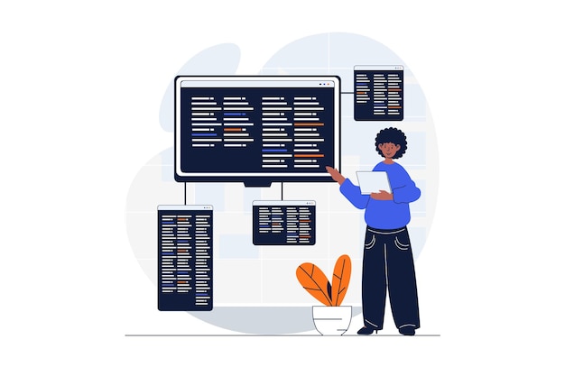 ベクトル キャラクターシーンを使ったプログラミングwebコンセプト男性開発者コーディングとさまざまな画面でプログラムを作成するフラットデザインの人々の状況ソーシャルメディアマーケティング素材用のベクトルイラスト