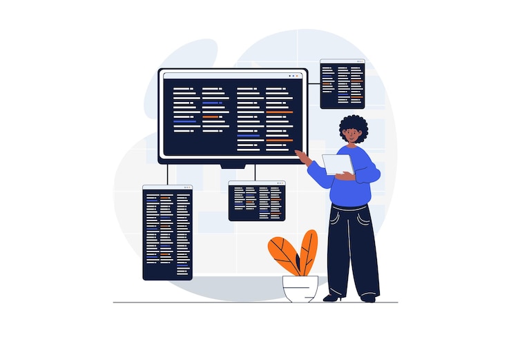 Vector programming web concept with character scene man developer coding and making program at different screens people situation in flat design vector illustration for social media marketing material