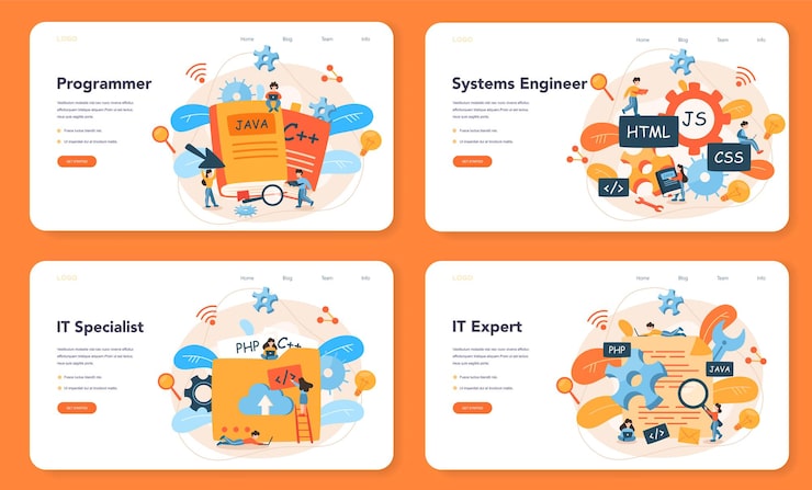 Vector 編程網頁布局或登陸頁套件. 在電腦上工作,編碼,測試和寫程式的想法. 網站開發.