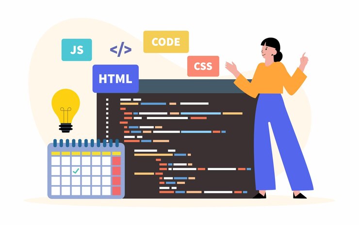 프로그래밍 언어로 프로그래밍. Css, Html, Js. 화면 노트북에 프로그램 코드입니다. | 프리미엄 벡터