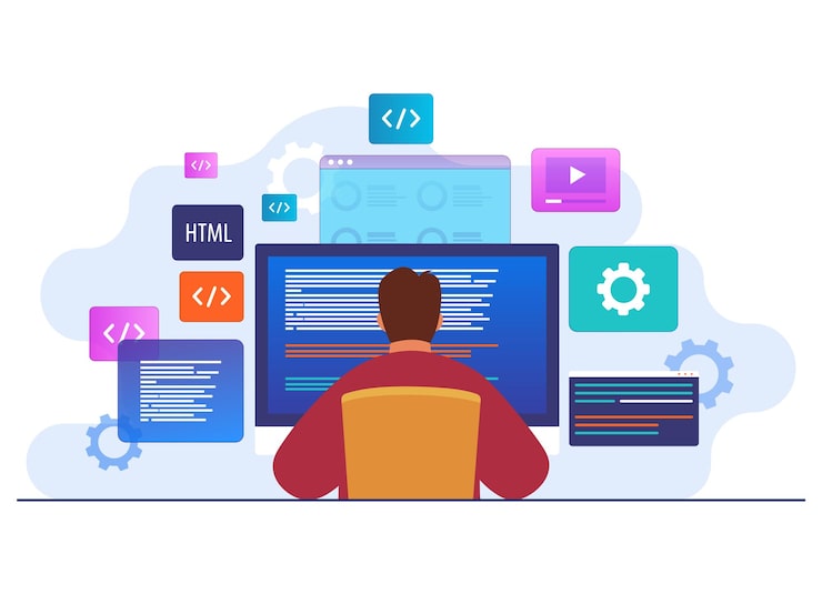 Vector programming writing code using computer website developer coding software on computer screen