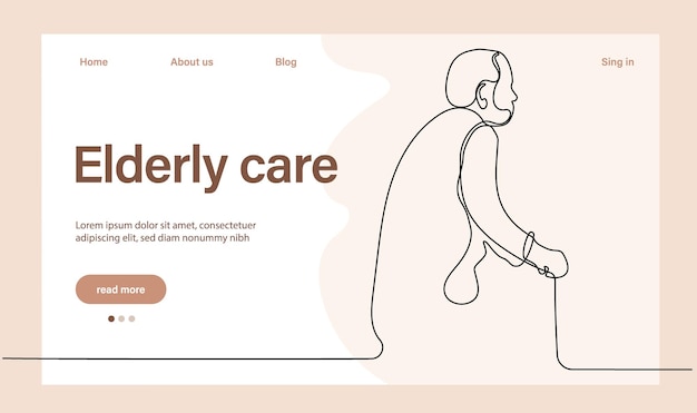 高齢者用プログラム ランディング ページ テンプレート。高齢者のヘルスケア。老人介護。漫画の人々 のベクトル