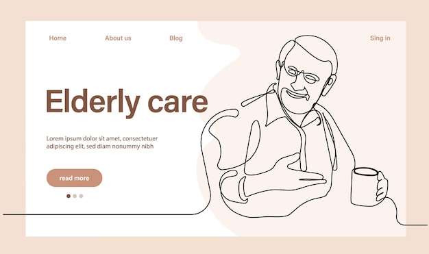 高齢者用プログラム ランディング ページ テンプレート。高齢者のヘルスケア。老人介護。漫画の人々 のベクトル