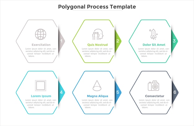 6つの六角形の紙の白い要素を持つプログレスバーまたはプロセスチャート。スタートアップ開発の6つの連続したステップの概念。フラットインフォグラフィックデザインテンプレート。プレゼンテーションのベクトルイラスト。