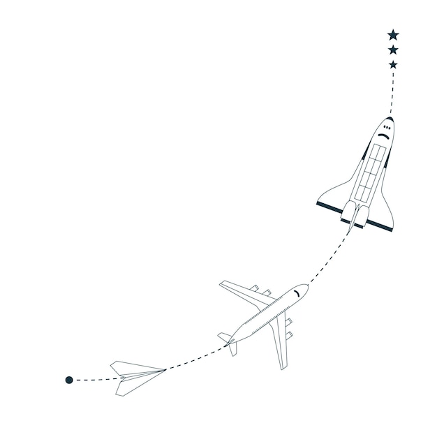 進行状況 開発改善イラスト 経路を飛行する飛行機とシャトル