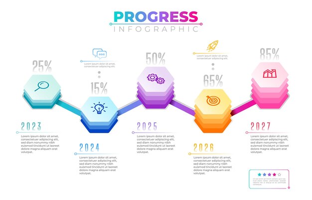 Progress infographic template with colorful hexagon elements