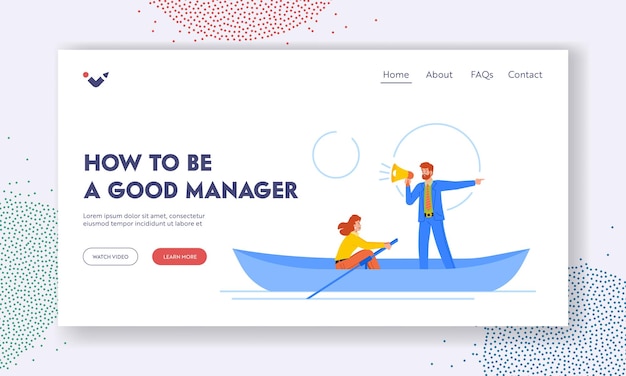 Progress movement and advancement landing page template woman row boat to be a good manager with leader help