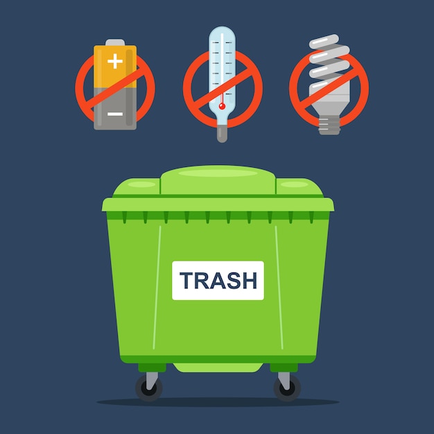 Rifiuti vietati che non devono essere gettati in un normale contenitore per rifiuti. termometri, batterie e lampade fluorescenti.