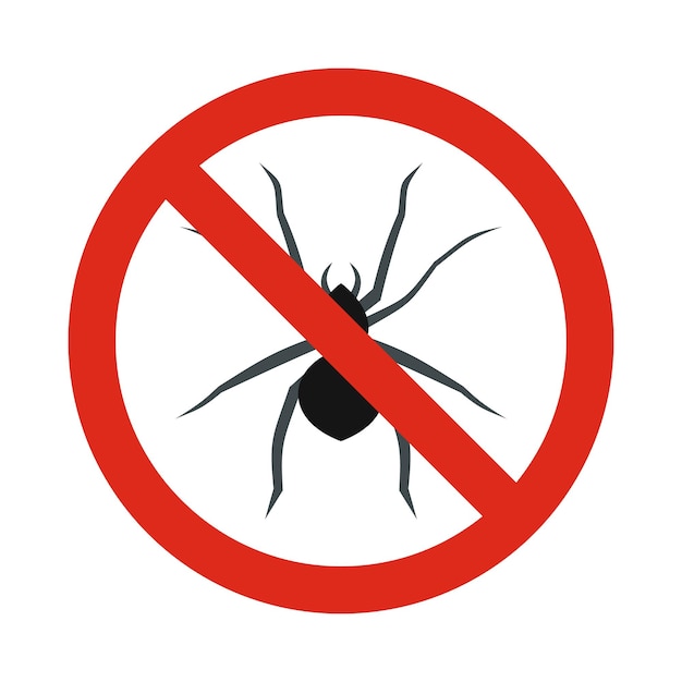 흰색 배경에 고립 된 평면 스타일에 금지 기호 거미 아이콘 경고 기호