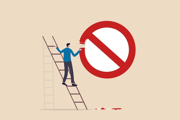 Prohibition or stop sign forbidden unlawful or not allow to do attention and warning sign banned or illegal concept businessman climb up ladder to paint prohibition symbol on the wall