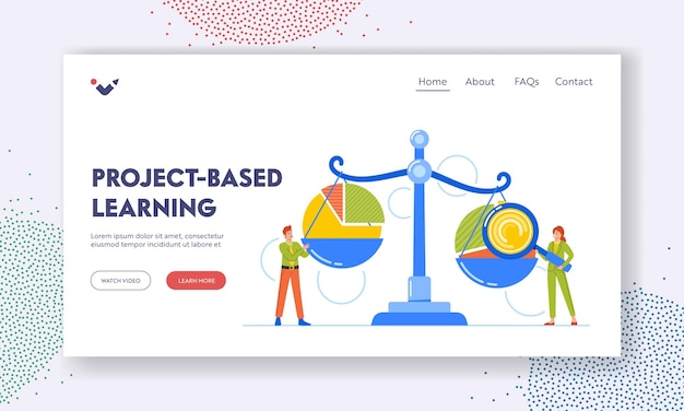 プロジェクト ベースの学習 ランディング ページ テンプレート ベンチマークと市場分析 拡大鏡を使用した小さなビジネス キャラクター