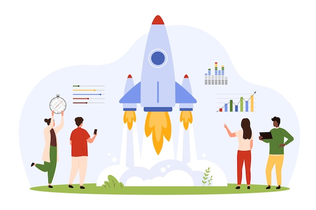 Project launch success business startup development tiny start rocket boost product