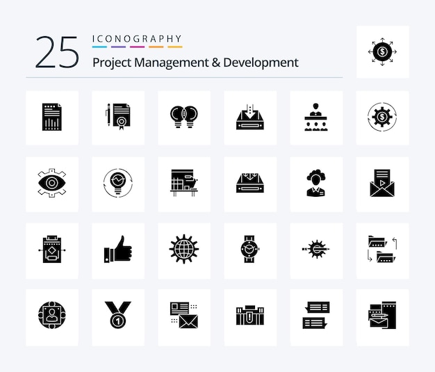 プロジェクト管理と開発 25 のソリッド グリフ アイコン パックには、ボックス思考の法的文書のメカニック アイデアが含まれています。