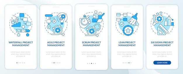 프로젝트 관리 스타일 블루 온보딩 모바일 앱 화면