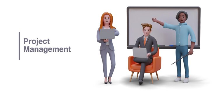 Vector project management team presents project implementation plan work results