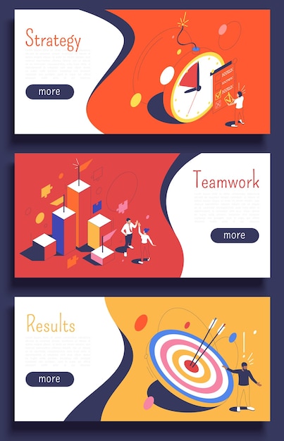 Vector project management three horizontal banners providing information about strategy teamwork results isometric vector illustration