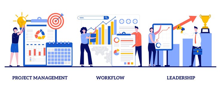 Vector project management, workflow, leadership concept with tiny people
