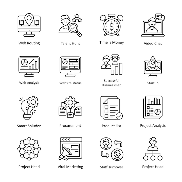 Project managements vector outline icon style illustrazione eps 10 file set 4