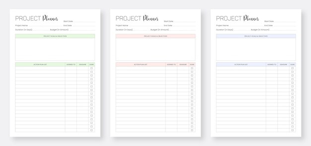 Project planner template design minimal project planner template set