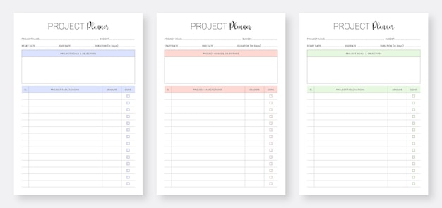 Vettore progettazione del modello del pianificatore di progetto set di modelli di pagine del pianificatore minimalista