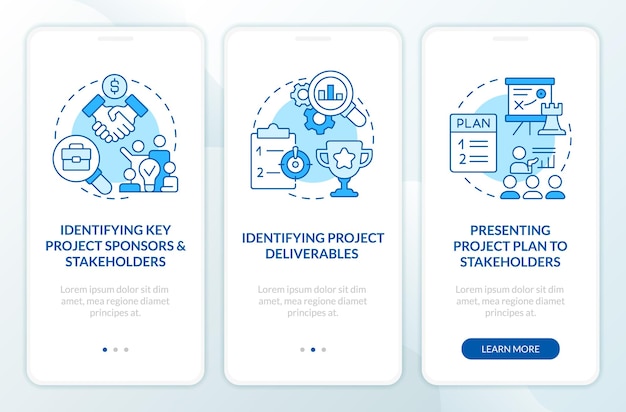 Project planning stages blue onboarding mobile app screen