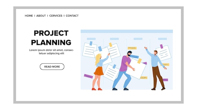 Vector project planning and team working strategy vector. men and woman colleagues take sticky lists from board with project tasks. characters professional teamwork web flat cartoon illustration