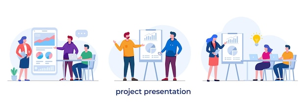 Презентация проекта запуск бизнес-презентации клиентской компании мозговой штурм плоский векторный шаблон иллюстрации