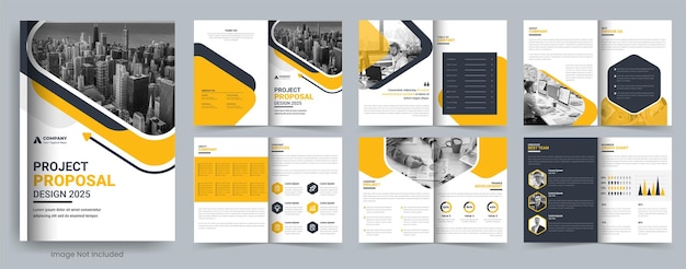 Project proposal brochure template and company profile or annual report layout with yellow