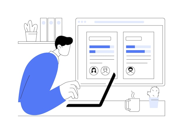 Project status updates abstract concept vector illustration Man monitors the status of the project using a collaboration app modern business technology company teamwork abstract metaphor