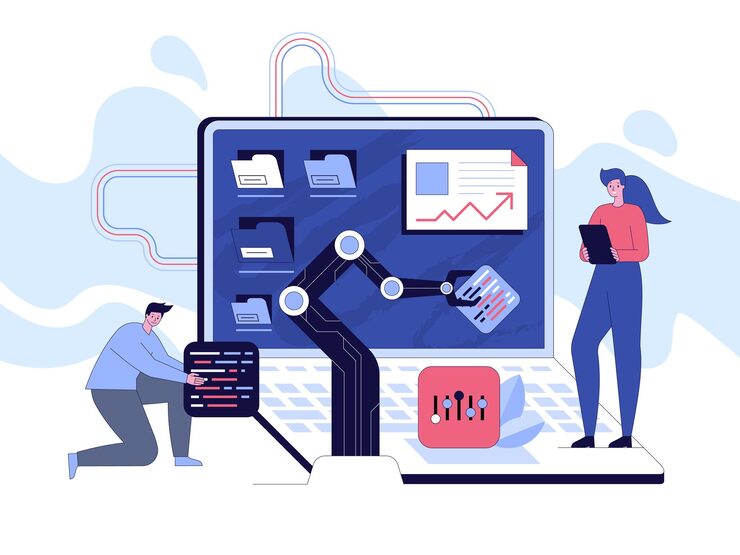 Vector project team of engineers development program software woman manager control work process man developer holds part of code robotic hand are coding on huge screen vector character illustration