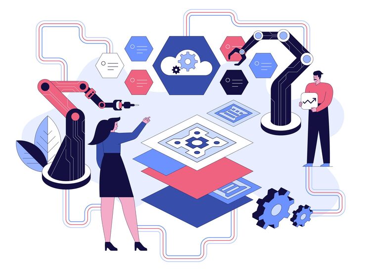 Vector project team of engineers working at development software woman manager control process developer holds growth arrow button robotic hands are programming building vector character illustration