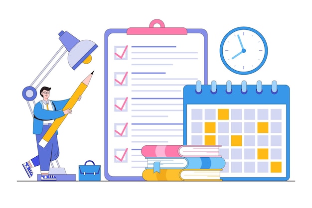 Project tracking time management goal tracker task completion or checklist to remember project progress concepts Businessman put marks into check boxes and filling checklist on huge clipboard