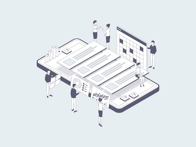 Projectmanagement isometrische illustratie lineair grijs. geschikt voor mobiele app, website, banner, diagrammen, infographics en andere grafische middelen.