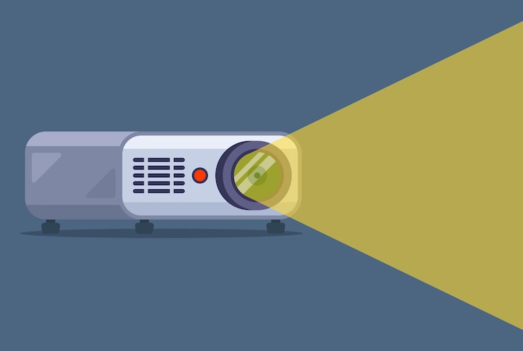 Vector 暗い部屋でプロジェクターが動いていて、映画を上映しています。フラットベクトルイラスト。