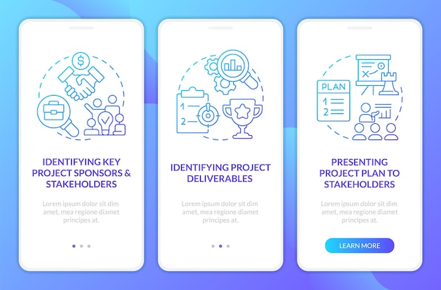 Projectplanning stadia blauwe gradiënt onboarding mobiele app-scherm