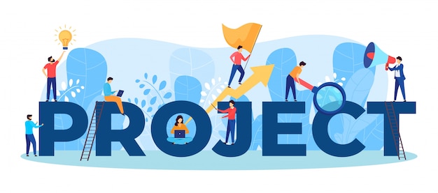 Projectteam werk illustratie van mensen uit het bedrijfsleven die als team samenwerken aan grote letters, manager, ontwerper, programmeur teamwork.