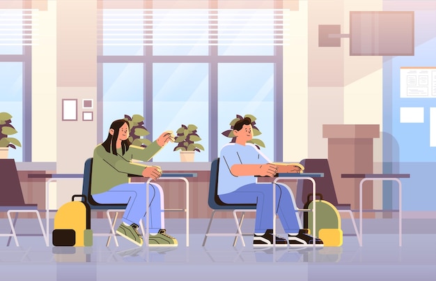 Учащиеся средней школы сидят за столом начального образования процесс обучения счастливый день труда празднование концепции горизонтальная векторная иллюстрация
