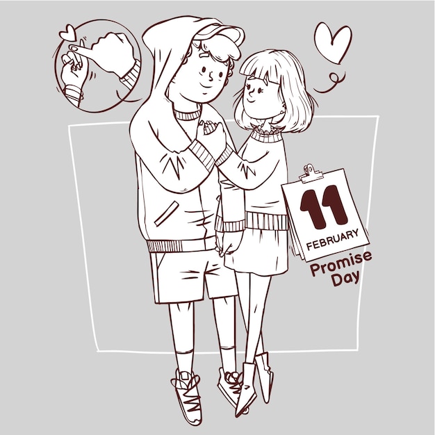 Promise day line art super cute love cheerful romantic valentine couple dating gift hand drawn outline illustration