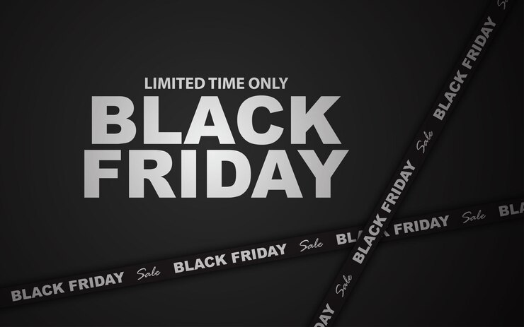 Vector promo background for black friday black friday sale ribbon with light on black background
