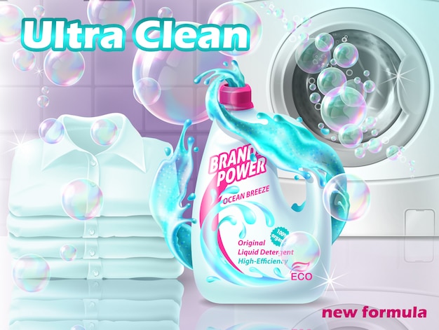 Vector promo banner of liquid detergent with washing machine, clean shirts