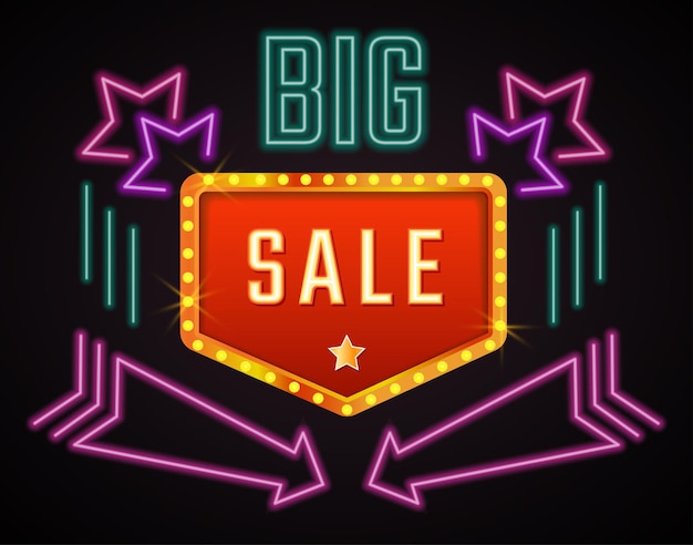 Promo banner with big sale announcement. Neon sign with stars and arrows