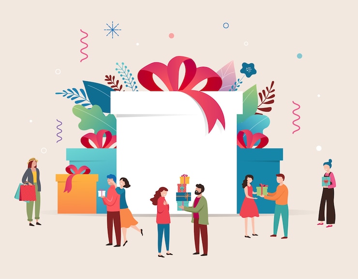 Vector promo christmas card, new year banner, sale poster and flyer with giant gift boxes and small people, men and women