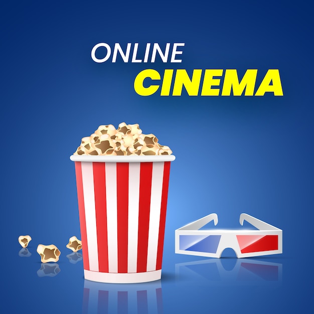 Promo per il cinema online. popcorn e occhiali 3d.