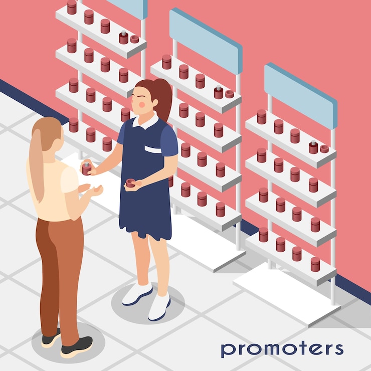 Vector promoters illustration with seller of female perfumery shop demonstrating products to buyer